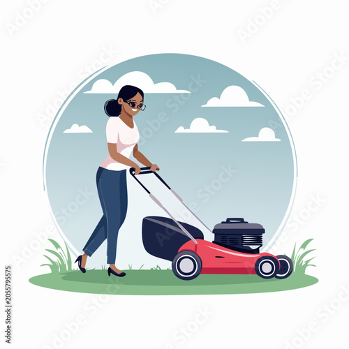 Woman Mowing Lawn