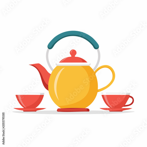Yellow Teapot with Red Cups and Saucers