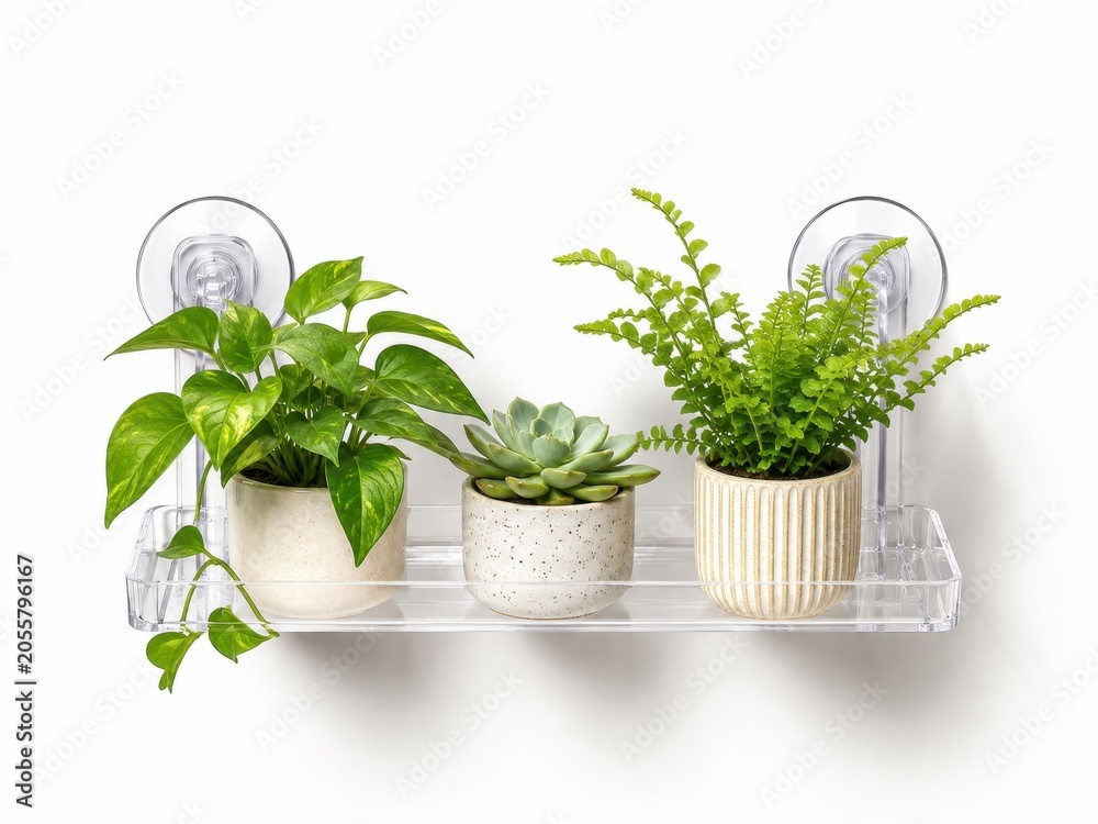 Fototapeta premium Minimal clear shelf houseplants for tidy home organization on white background