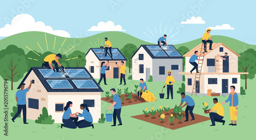 Community Solar Energy and Sustainable Living Illustration
