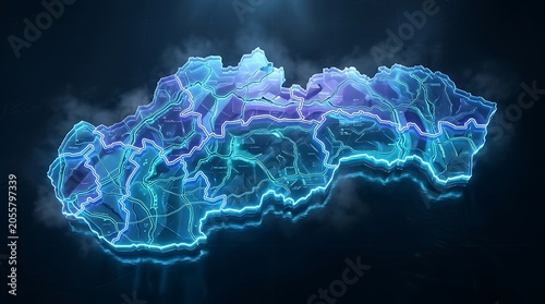 Glowing digital map of Slovakia with neon borders and network connections.