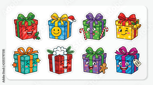 Set of cute cartoon Christmas gift boxes with happy faces and festive decorations.