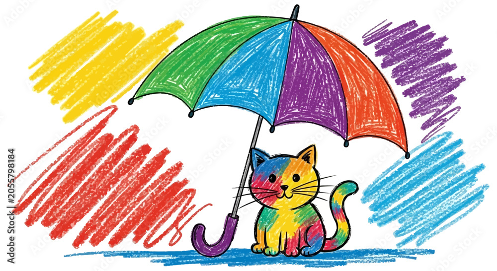 Naklejka premium Cute Rainbow Cat Under Colorful Umbrella Crayon Drawing