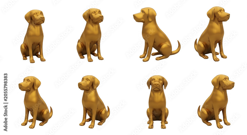 Fototapeta premium golden dog statues sitting in various poses against a clean white background art or design illustrations