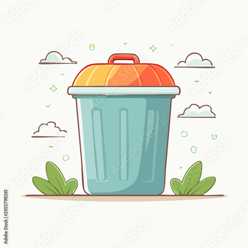 Cartoon Trash Can with Clouds and Plants