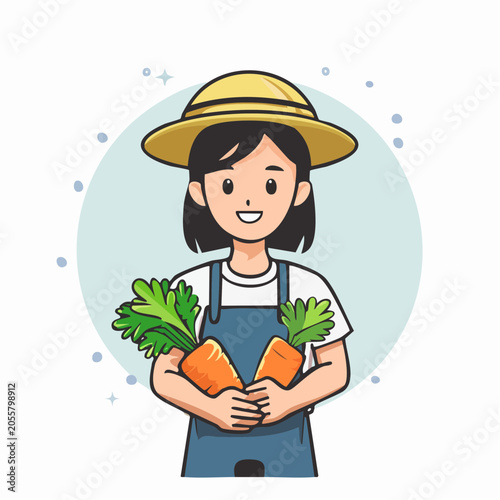 Cartoon Farmer Girl Holding Fresh Carrots