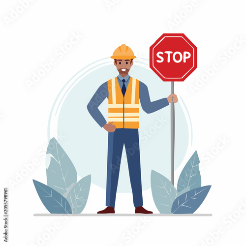 Construction worker holding a stop sign