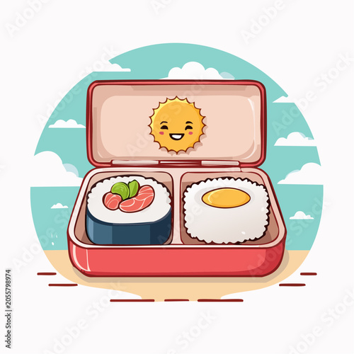 Cute Bento Box with Sushi and Sunny Egg Illustration