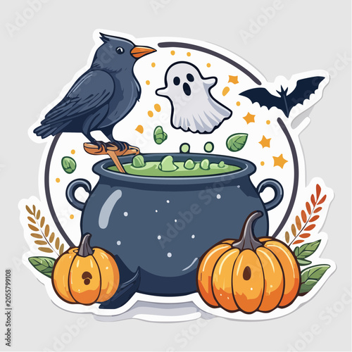 Halloween Witch's Brew with Crow, Ghost, and Pumpkins