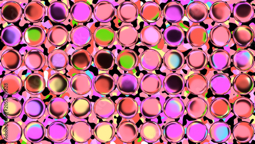Vibrant fuchsia, hot pink, and magenta candy glass bubbles arranged over a crimson and chartreuse fluid abstract background, glossy 3D spheres
