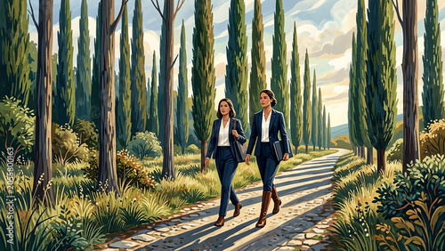 Entrepreneurs Walking Through Tree Lined Path for Business Growth Concept