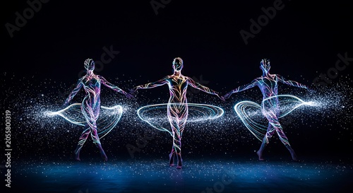 Três figuras iluminadas dançando contra um fundo escuro com rastros de luz.