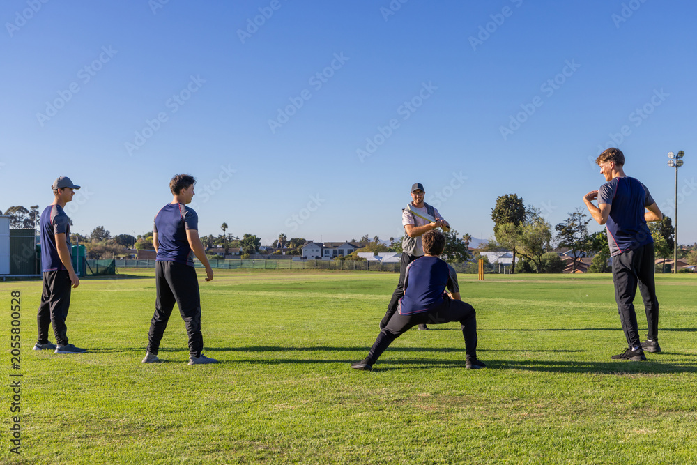 Obraz premium Male team practicing on cricket pitch, bowler holding cricket ball, keeper crouching near stumps
