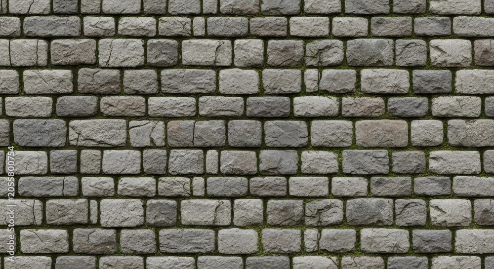 Fototapeta premium Stone wall texture with grey rectangular blocks and green moss growing between joints for architectural building exterior background surface