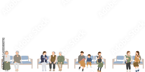 クリニックの待合室で順番を待つ患者と家族のイラスト