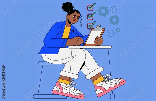 Productive Black Businesswoman Managing Tasks and Workflow with Checklist and Gears Illustration