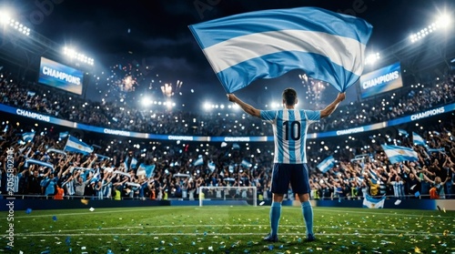 Football athlete celebrating victory with Argentina flag under stadium lights