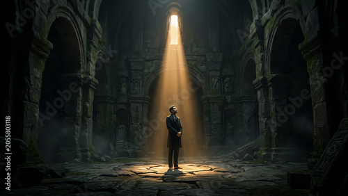 Solitary Figure in Ancient Stone Cathedral for Hope and Faith Concepts