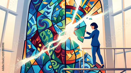 Businesswoman Assembling Colorful Stained Glass Mural for Corporate Vision Concept