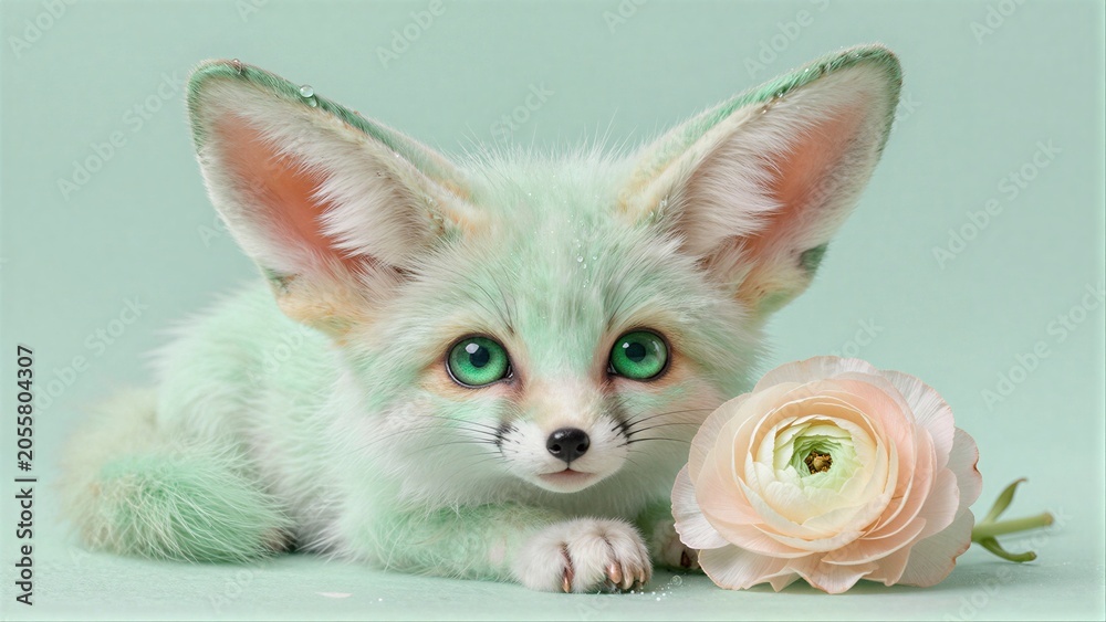 Fototapeta premium Cute mint fox with green eyes, beside a soft pink flower.