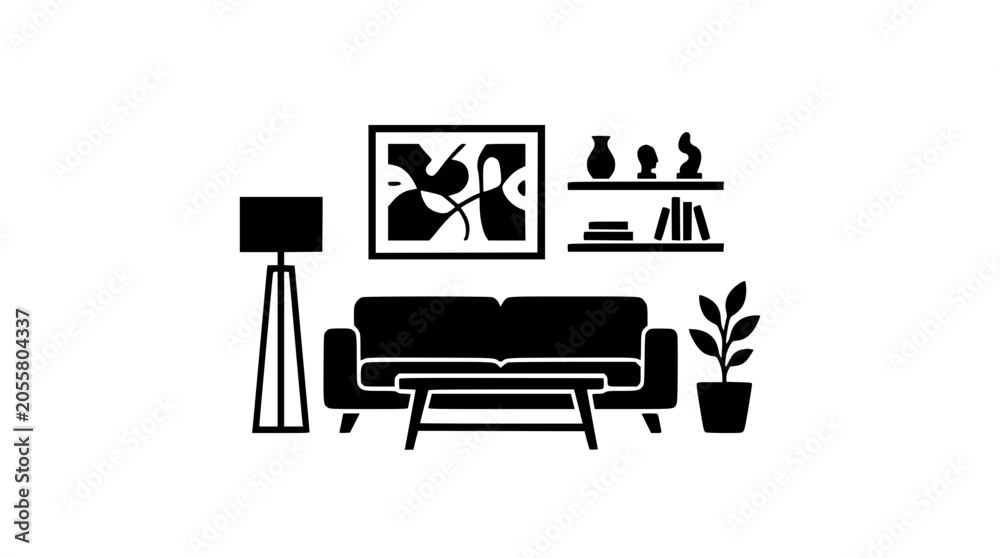 Fototapeta premium Minimalist Living Room Interior Icon with Sofa and Furniture Silhouette