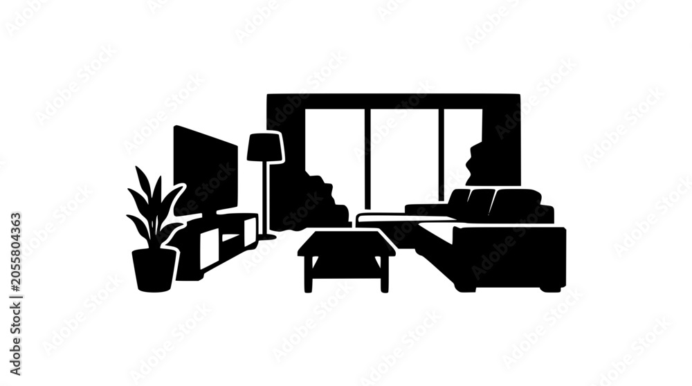 Fototapeta premium Modern Living Room Silhouette Icon with Furniture and TV