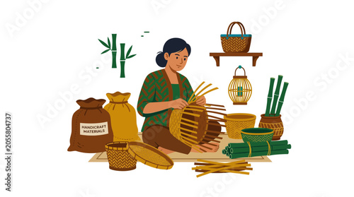 Asian woman weaving traditional bamboo baskets in a workshop.