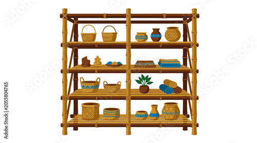 Bamboo shelf displaying handmade traditional pottery and baskets.