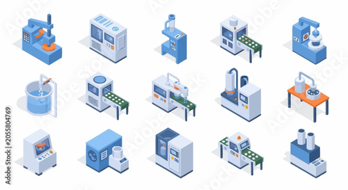 Vászonkép Collection of isometric industrial machines and equipment for manufacturing processes
