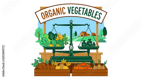 Balance scale weighing fresh organic vegetables in farm illustration.