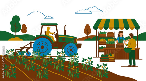 Blue tractor in field beside a fresh vegetable stall.