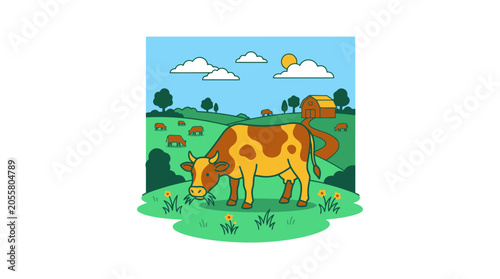 Brown cow grazing in lush green farm pasture.