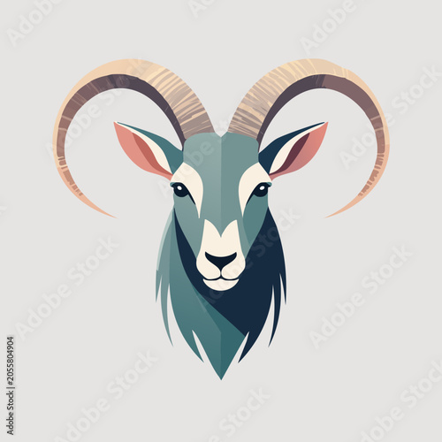 Stylized Goat Head Illustration with Large Curved Horns.