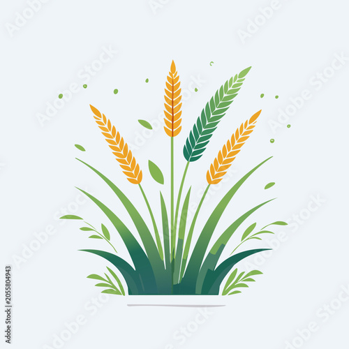 Stylized illustration of golden and green wheat stalks.