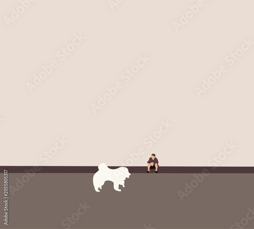Man sit in contemplative silence, sharing the space with fluffy white dog on street, minimalist sky.