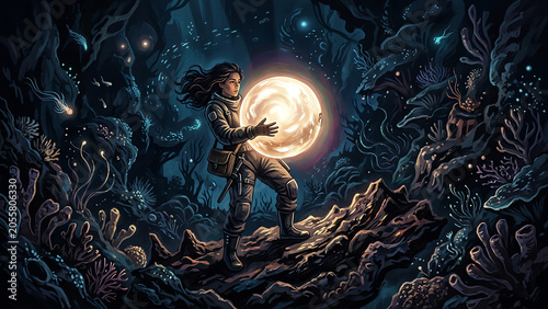 Explorer Holding Glowing Orb in Bioluminescent Alien Forest Fantasy Art
