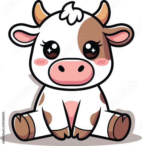 Adorable cartoon cow character sitting kawaii style illustration for children's designs