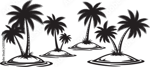 Tropical islands with palm trees silhouette vector illustration isolated on white background
