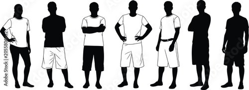 Seven men in different casual poses in black and white silhouette
