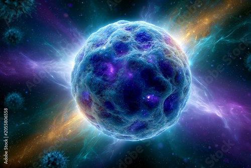 Vibrant cosmic cell: colorful microscopic universe explored in abstract art