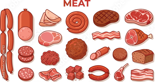 Fresh butcher meat products and sausages icon set featuring steak bacon ham salami and minced beef elements isolated on white background vector illustration.