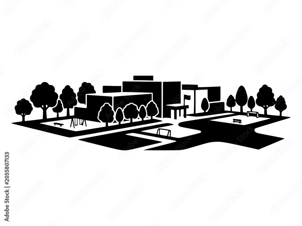 Obraz premium Silhouette of a Modern School Building with Playground and Trees