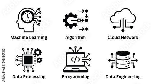 Black and white line icons of machine learning, algorithm, cloud network, data processing, programmability, and data intelligence Vector, illustration