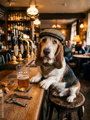 Basset Hound in a flat cap and a green corduroy jacket seated at a pub sadly nursing a beer