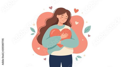 Self Care Concept Illustration with Young Woman Hugging Large Red Heart for Mental Wellness
