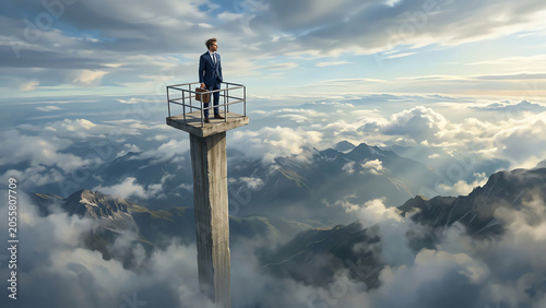 Businessman on High Platform Above Clouds for Vision and Leadership