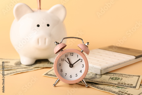 Alarm clock with money, pig...