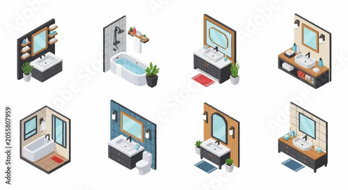 Canvastavla Collection of isometric bathroom interior designs with various fixtures and styles
