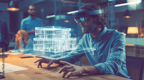 Architect using augmented reality headset viewing 3d building model