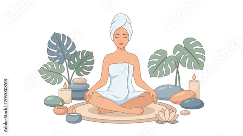 Canvas Print Self care day concept with woman meditating in spa setting with candles stones a
